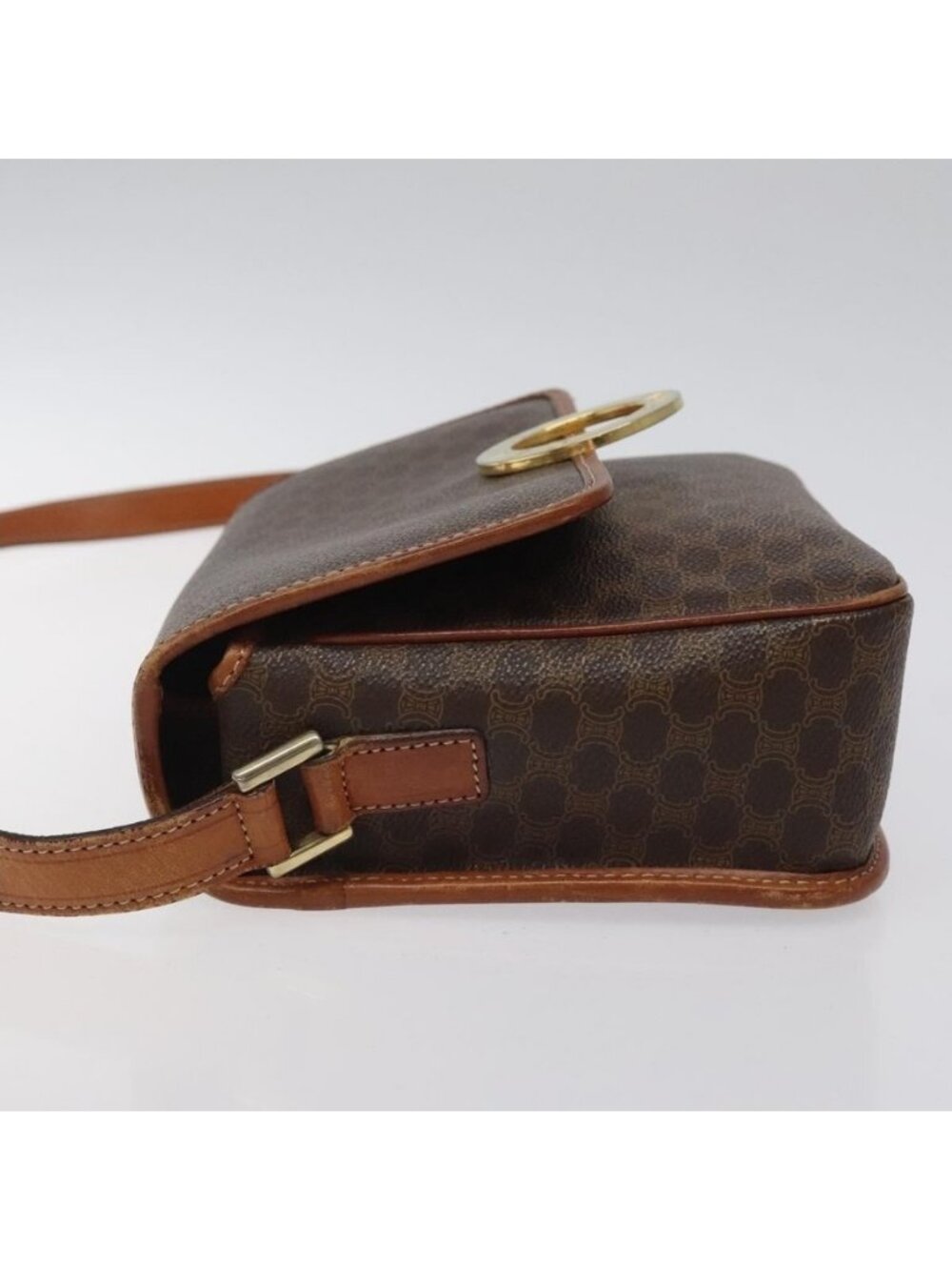 Authentic CELINE Macadam Canvas Circle Shoulder Bag PVC Leather Brown Gold - Picture 11 of 16